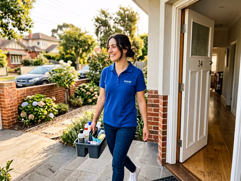 Happy cleaner with cleaning supplies ready for work